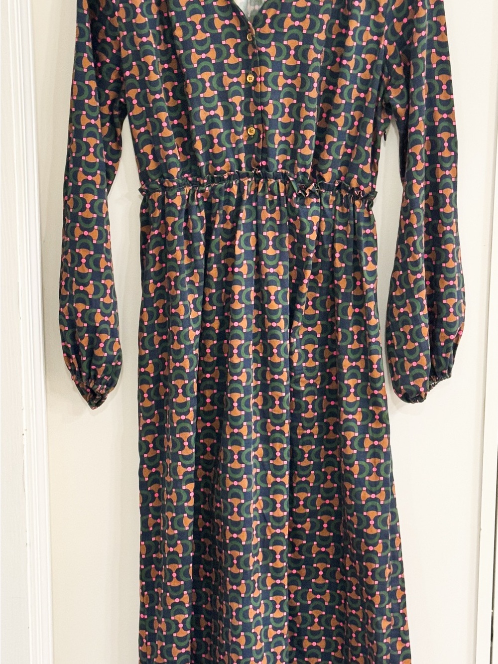Vilagallo Geometric Print Long Sleeve Midi Dress Green & Pink w/ smocking accent